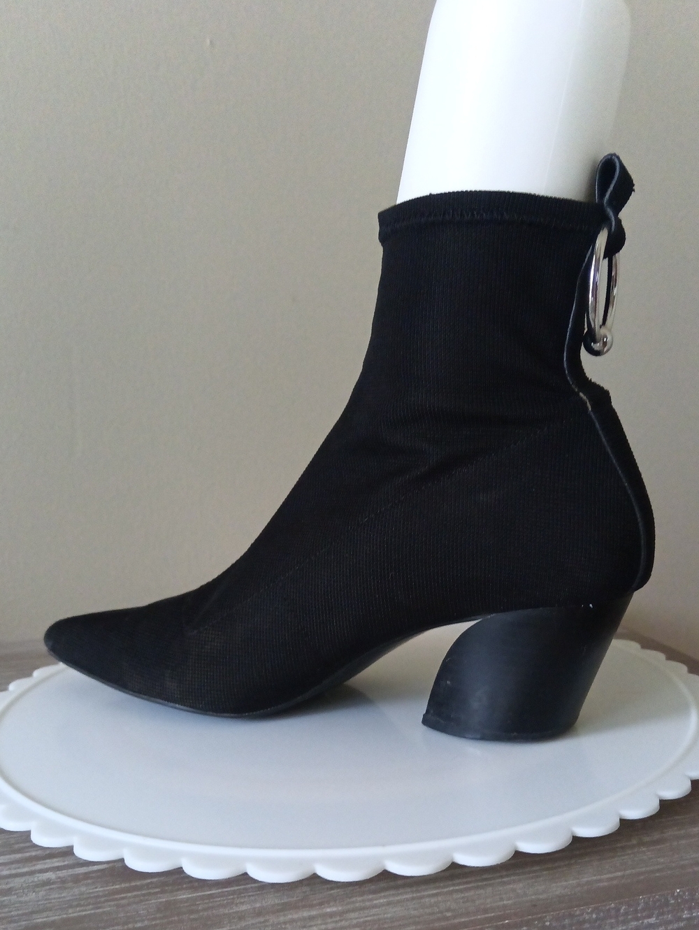 Zara Black Stretch Sock Ankle Boot with Block Heel and Heel Ring